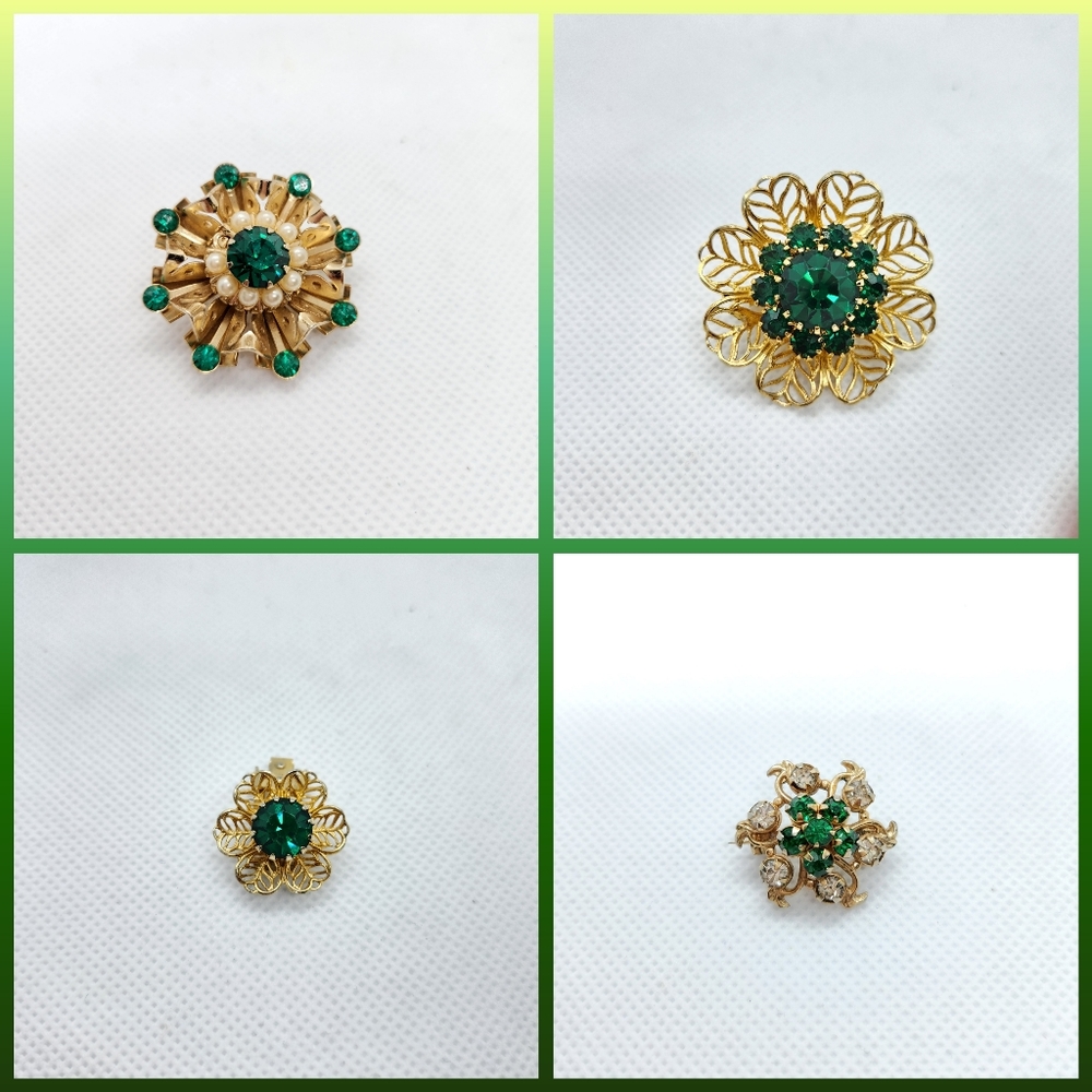 Lot of 4 Green Rhinestone Brooches
